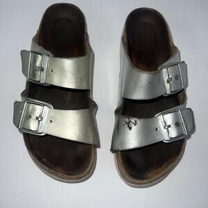 Birkenstock Two Strap Arizona Silver Metallic Leather Used Size 38 Or Us 7-7.5